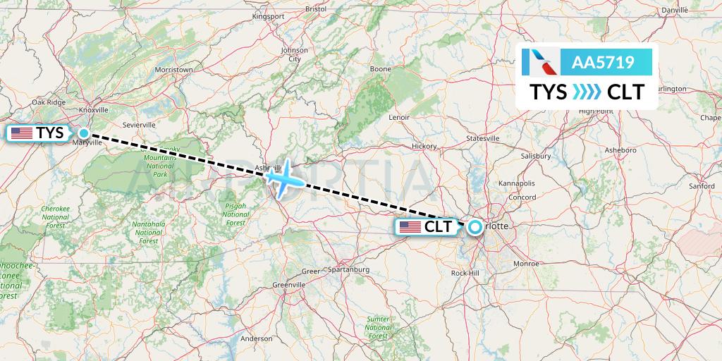 AA5719 American Airlines Flight Map: Knoxville to Charlotte