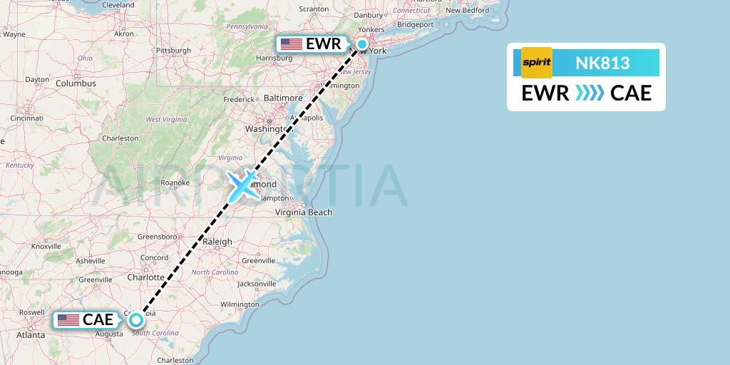NK813 Spirit Airlines Flight Map: New York to Columbia