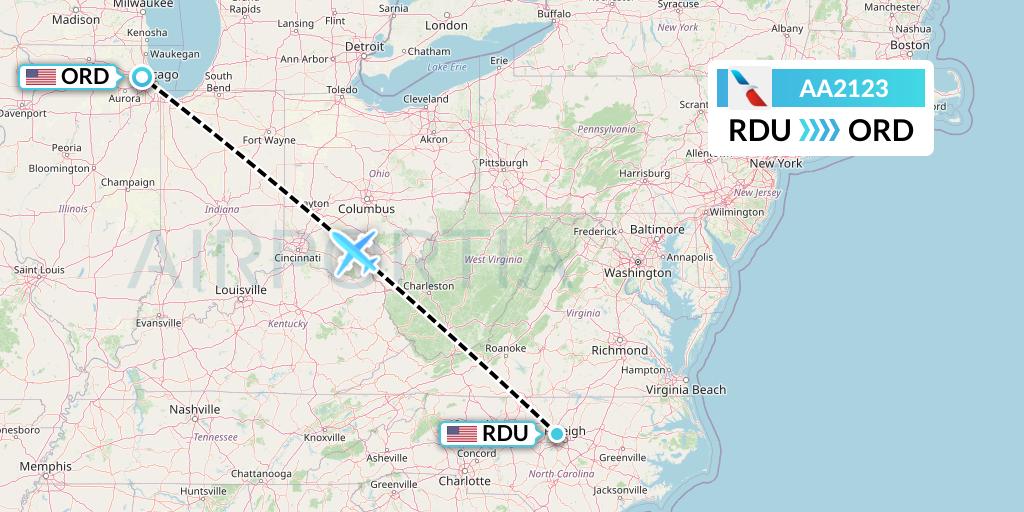 AA2123 American Airlines Flight Map: Raleigh-Durham to Chicago
