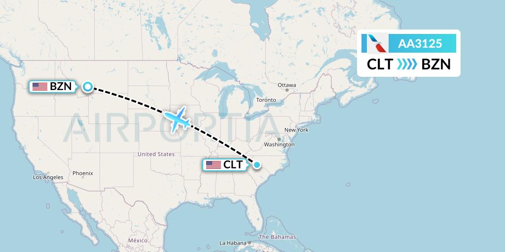 AA3125 American Airlines Flight Map: Charlotte to Bozeman