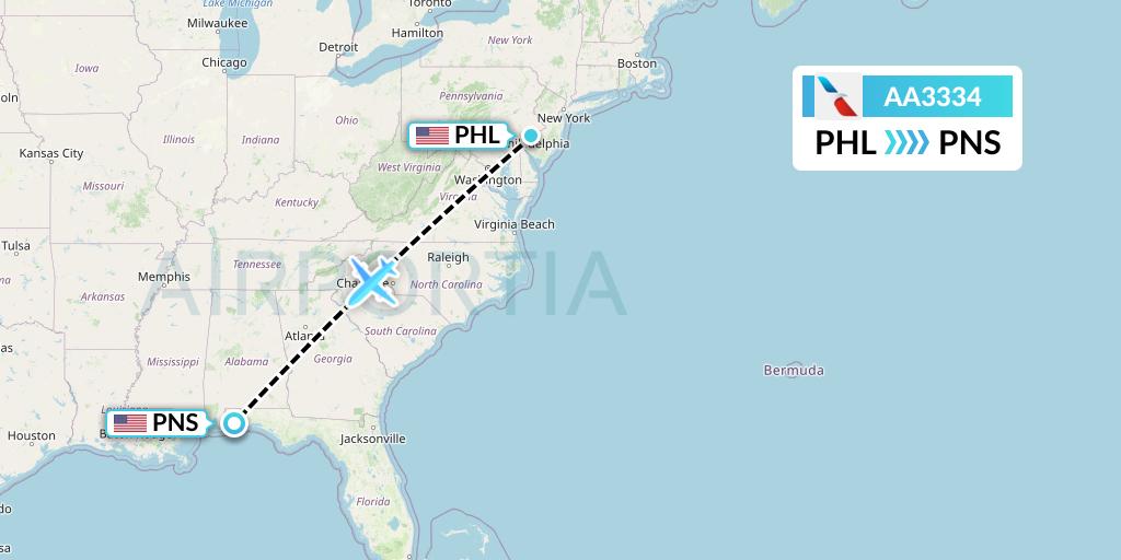 AA3334 American Airlines Flight Map: Philadelphia to Pensacola