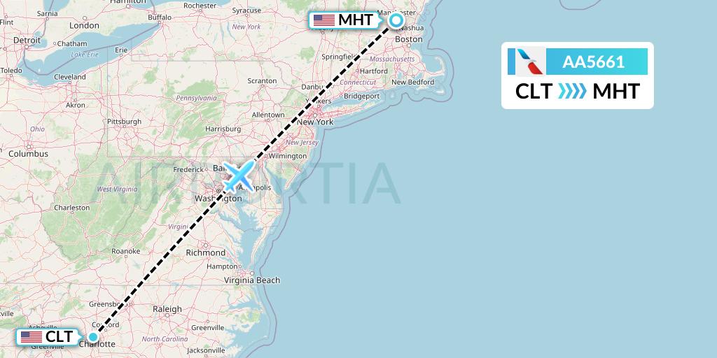 AA5661 American Airlines Flight Map: Charlotte to Manchester