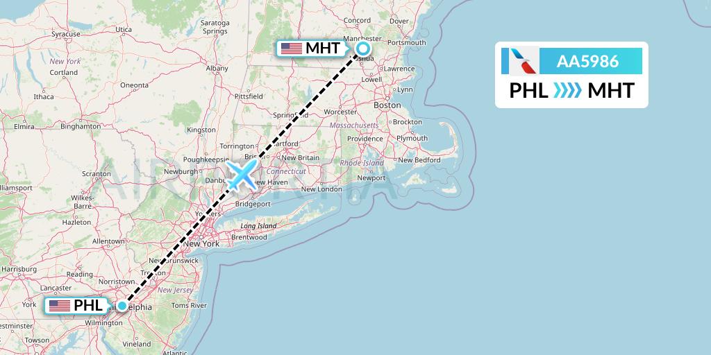 AA5986 American Airlines Flight Map: Philadelphia to Manchester