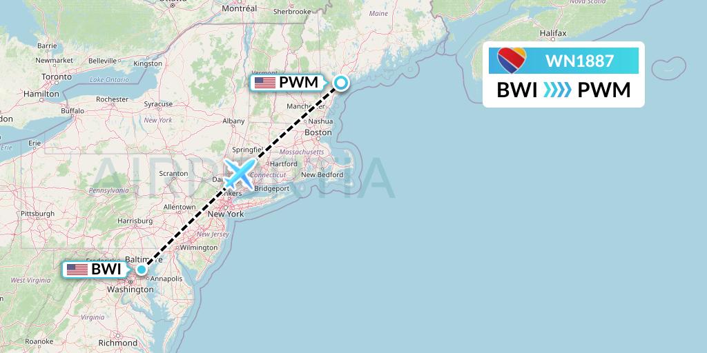WN1887 Southwest Airlines Flight Map: Baltimore to Portland