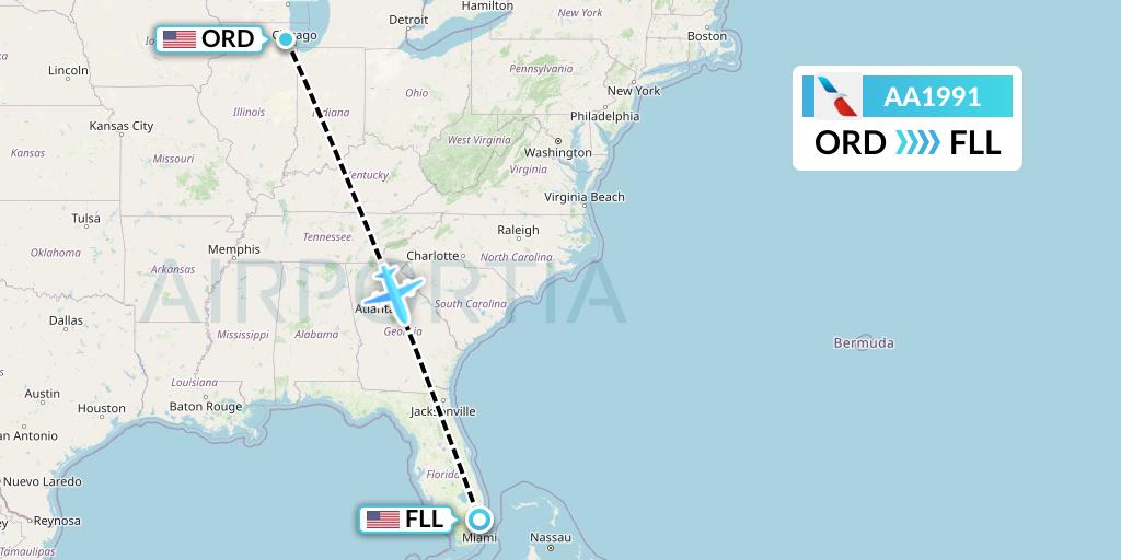 AA1991 American Airlines Flight Map: Chicago to Fort Lauderdale