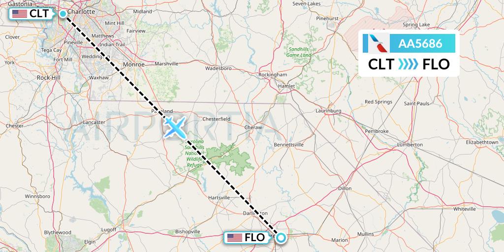 AA5686 American Airlines Flight Map: Charlotte to Florence