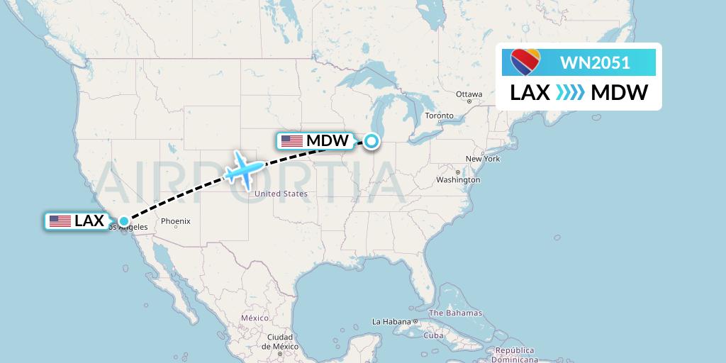 WN2051 Southwest Airlines Flight Map: Los Angeles to Chicago