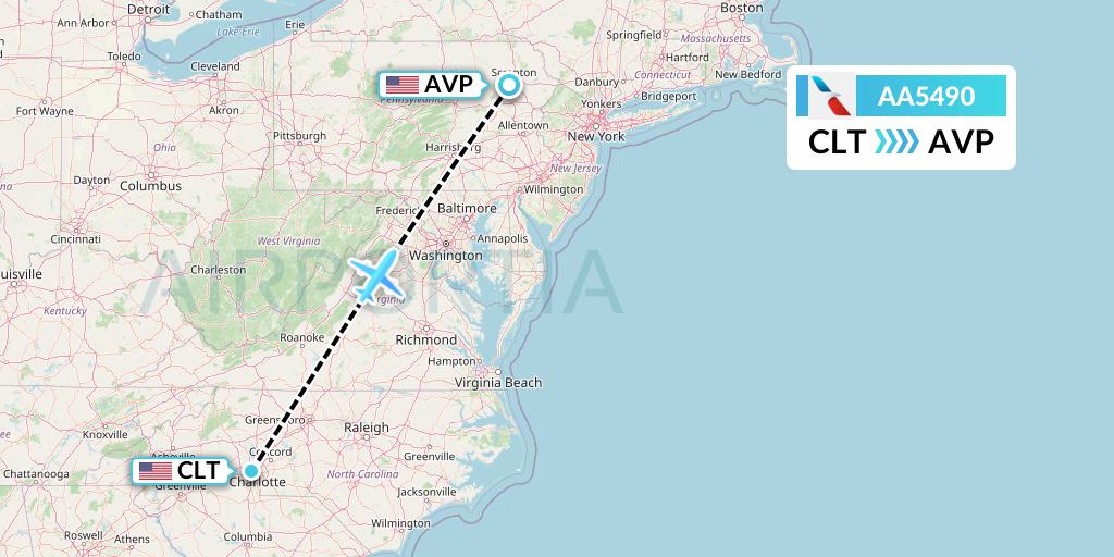 AA5490 American Airlines Flight Map: Charlotte to Avoca