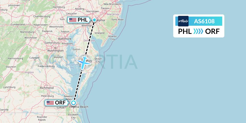 AS6108 Alaska Airlines Flight Map: Philadelphia to Norfolk
