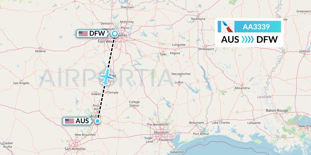 AA3339 American Airlines Flight Map: Austin to Dallas