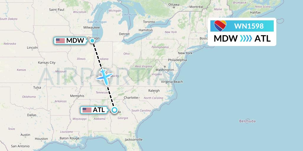 WN1598 Southwest Airlines Flight Map: Chicago to Atlanta