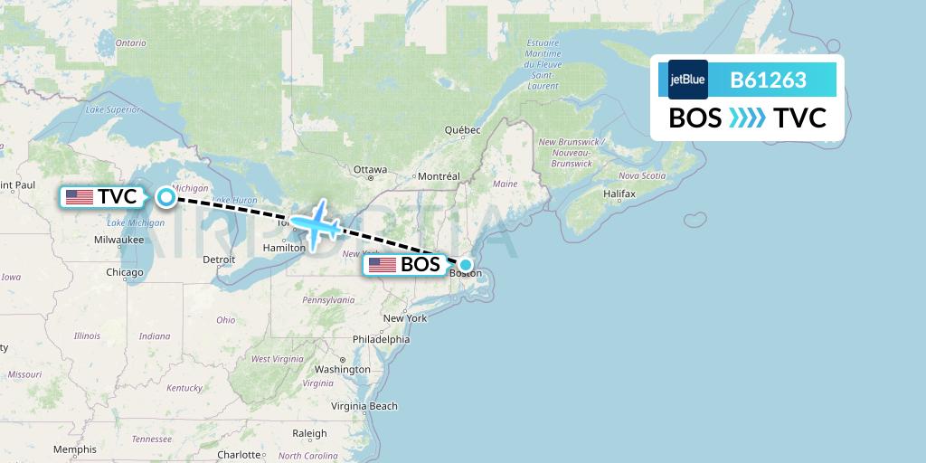 B61263 JetBlue Airways Flight Map: Boston to Traverse City