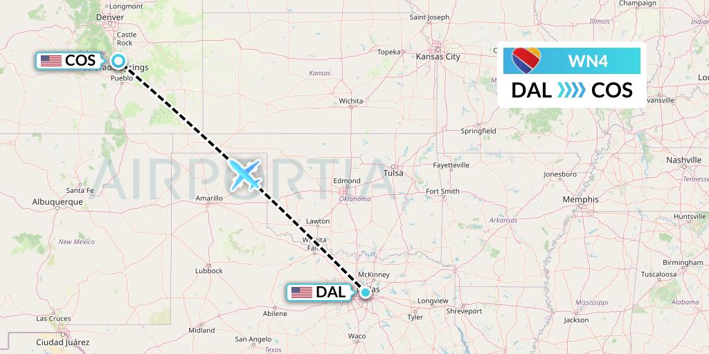 WN4 Southwest Airlines Flight Map: Dallas to Colorado Springs