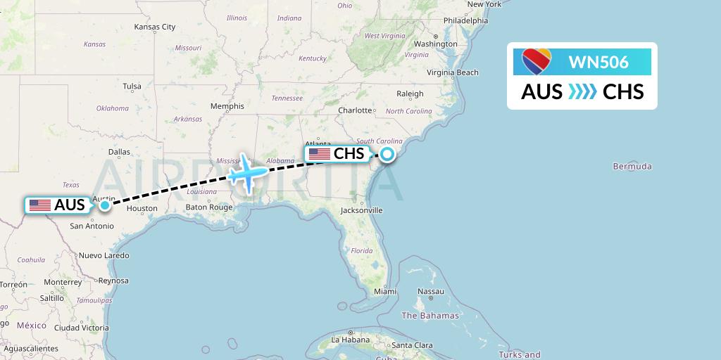 WN506 Southwest Airlines Flight Map: Austin to Charleston