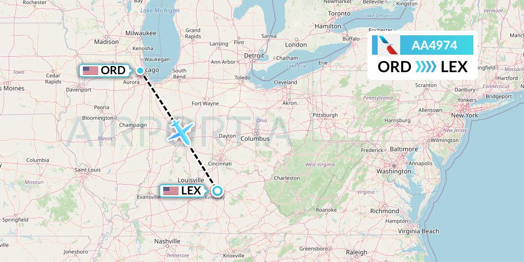 AA4974 American Airlines Flight Map: Chicago to Lexington