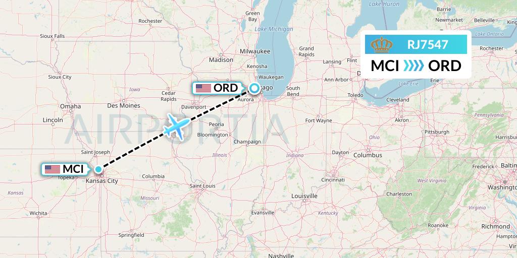 RJ7547 Royal Jordanian Flight Map: Kansas City to Chicago