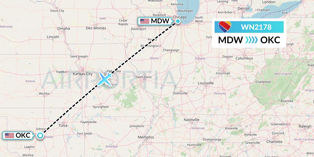 WN2178 Southwest Airlines Flight Map: Chicago to Oklahoma City
