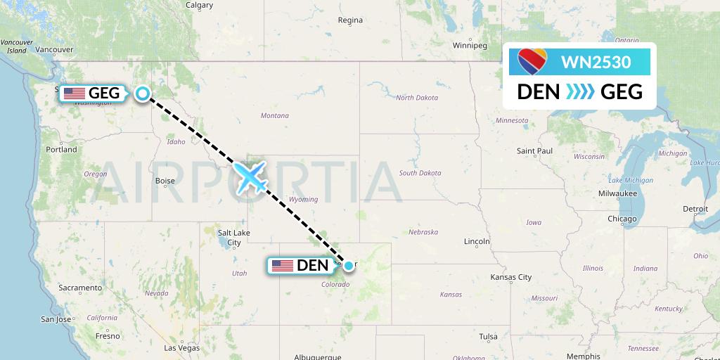 WN2530 Southwest Airlines Flight Map: Denver to Spokane