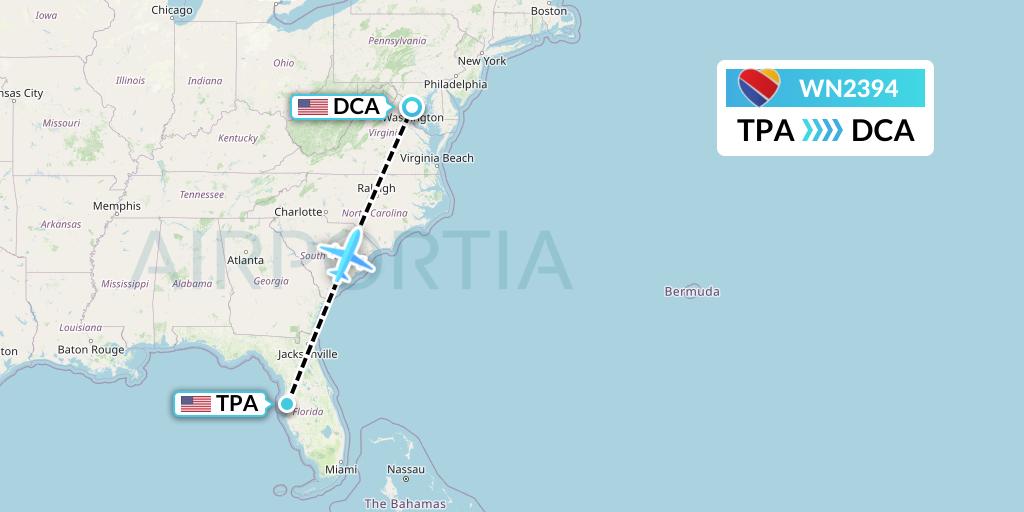 WN2394 Southwest Airlines Flight Map: Tampa to Washington