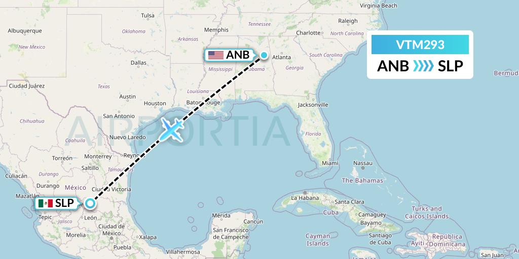 VTM293 Aeronaves TSM Flight Map: Anniston to San Luis Potosi
