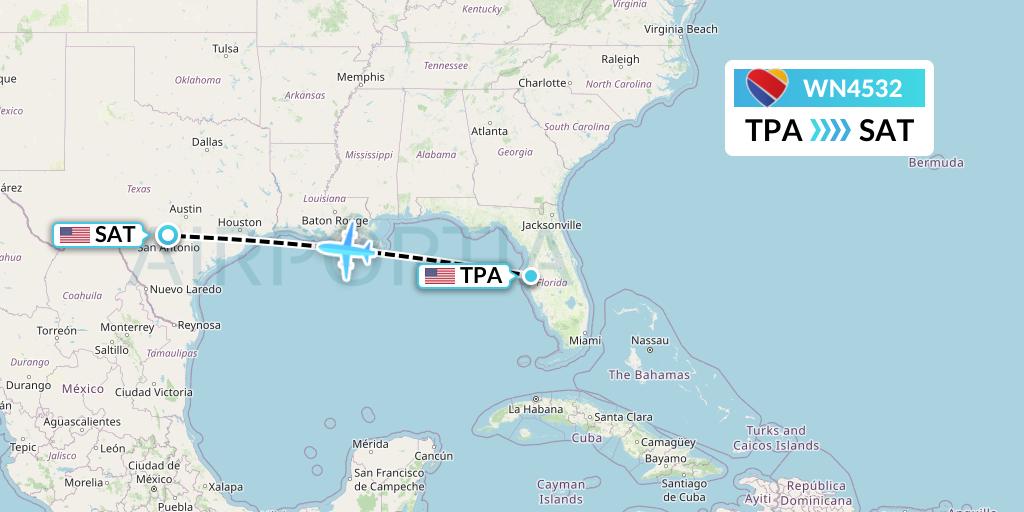 WN4532 Southwest Airlines Flight Map: Tampa to San Antonio