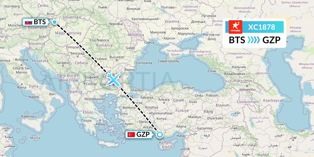 XC1878 Corendon Airlines Flight Map: Bratislava to Gazipasa