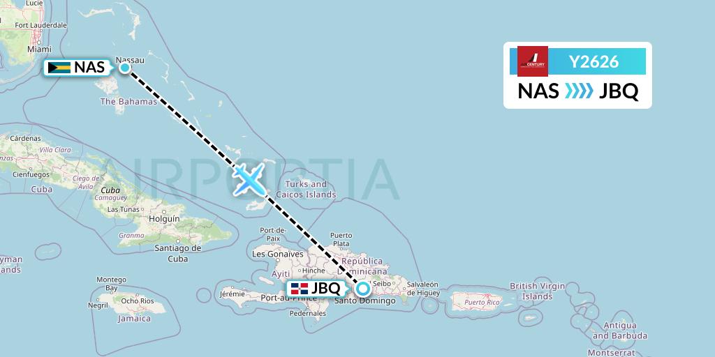 Y2626 Air Century Flight Map: Nassau to Santo Domingo