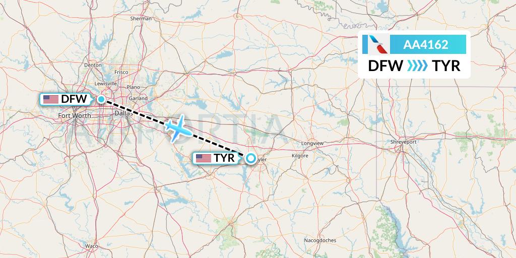 AA4162 American Airlines Flight Map: Dallas to Tyler