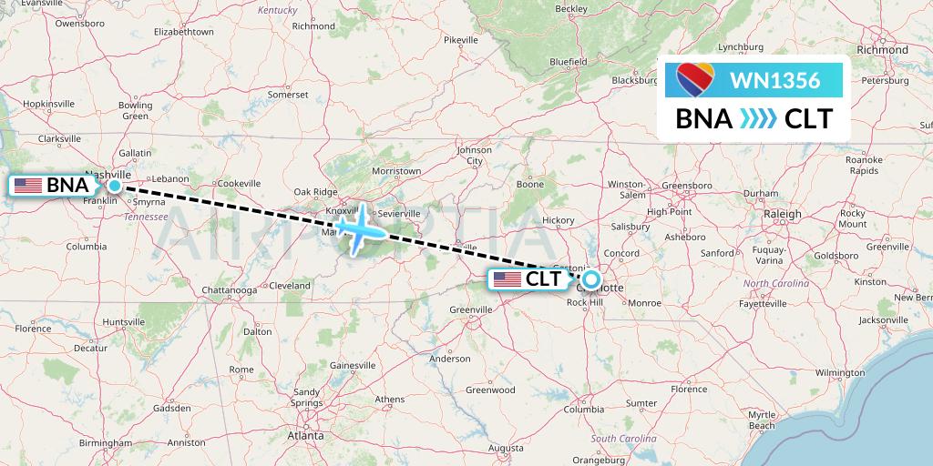 WN1356 Southwest Airlines Flight Map: Nashville to Charlotte