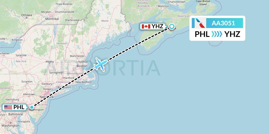 AA3051 American Airlines Flight Map: Philadelphia to Halifax