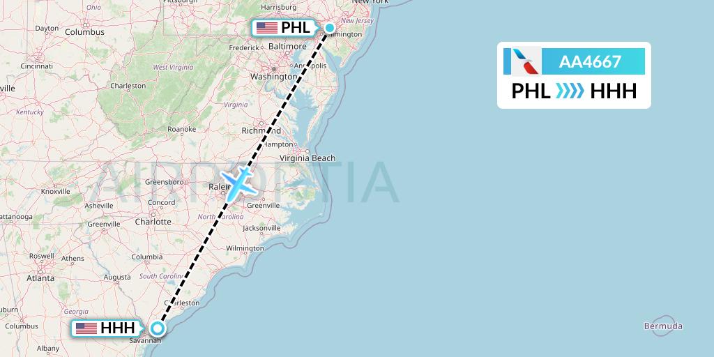 AA4667 American Airlines Flight Map: Philadelphia to Hilton Head Island