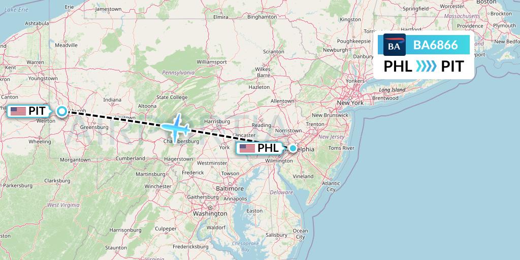 BA6866 British Airways Flight Map: Philadelphia to Pittsburgh