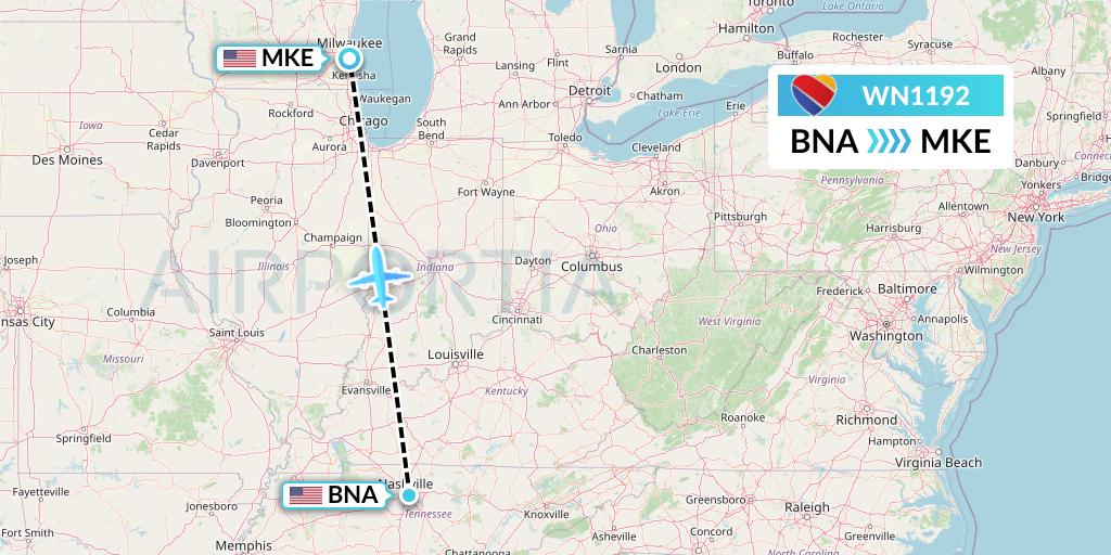 WN1192 Southwest Airlines Flight Map: Nashville to Milwaukee