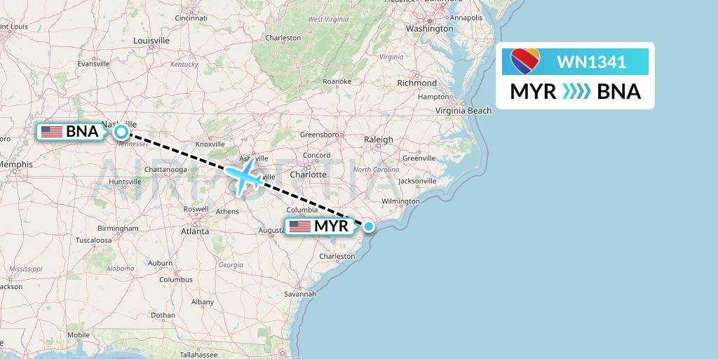 WN1341 Southwest Airlines Flight Map: Myrtle Beach to Nashville