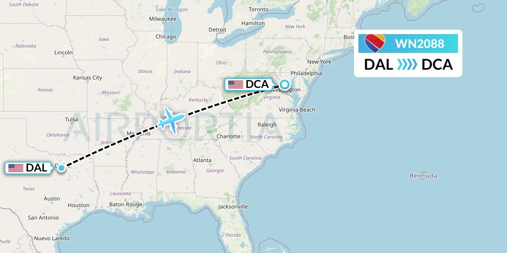 WN2088 Southwest Airlines Flight Map: Dallas to Washington