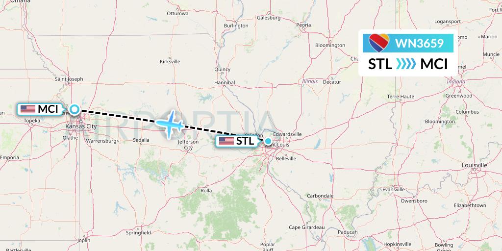 WN3659 Southwest Airlines Flight Map: St. Louis to Kansas City