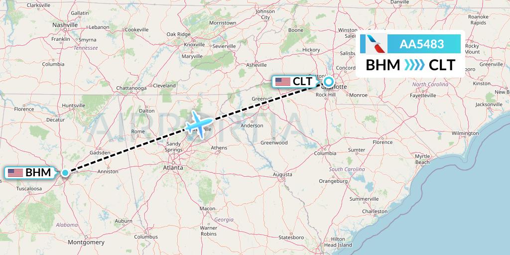 AA5483 American Airlines Flight Map: Birmingham to Charlotte