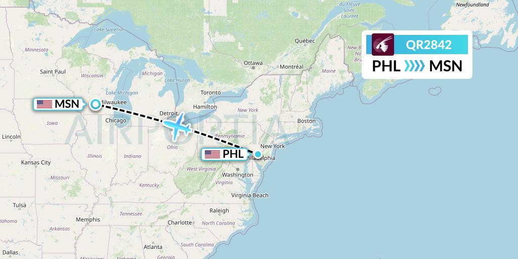 QR2842 Qatar Airways Flight Map: Philadelphia to Madison