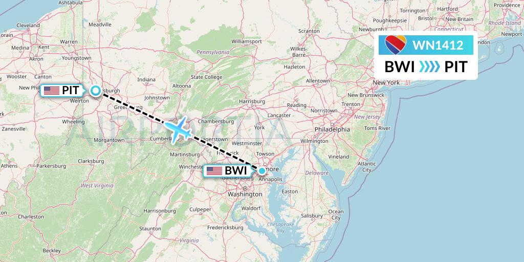 WN1412 Southwest Airlines Flight Map: Baltimore to Pittsburgh