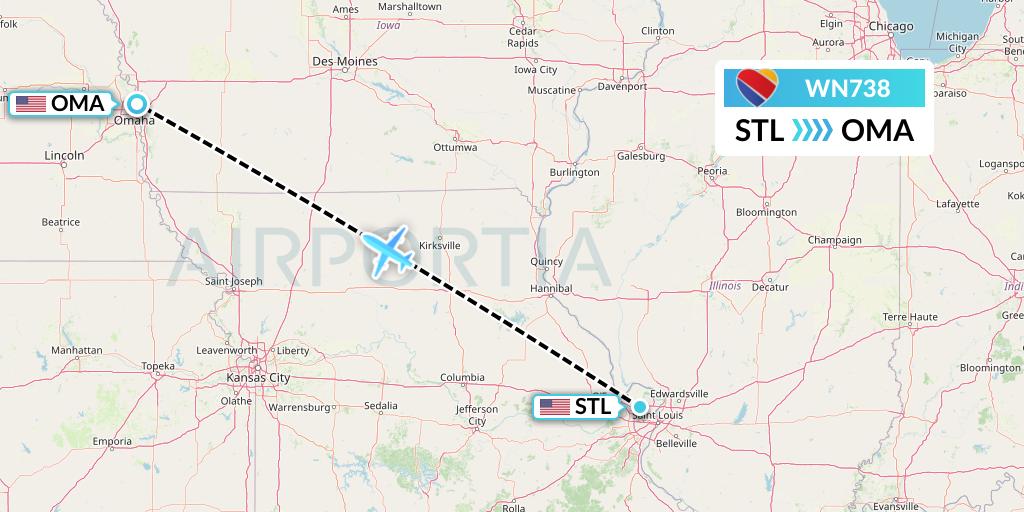 WN738 Southwest Airlines Flight Map: St. Louis to Omaha