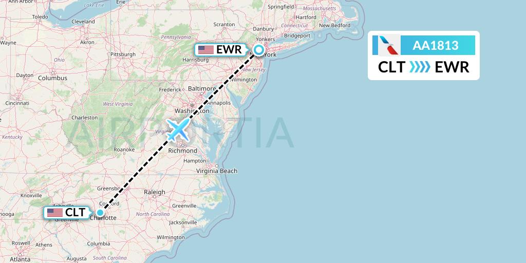 AA1813 American Airlines Flight Map: Charlotte to New York
