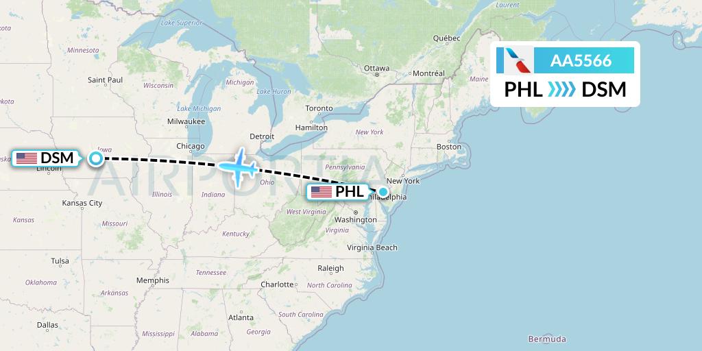 AA5566 American Airlines Flight Map: Philadelphia to Des Moines
