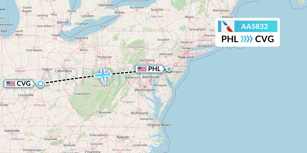AA5832 American Airlines Flight Map: Philadelphia to Cincinnati