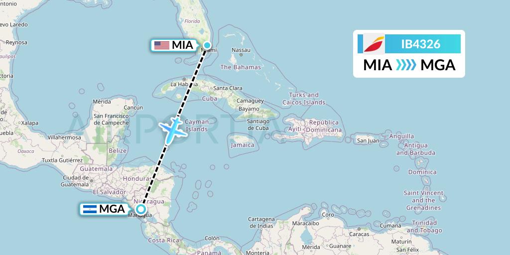 IB4326 Iberia Flight Map: Miami to Managua