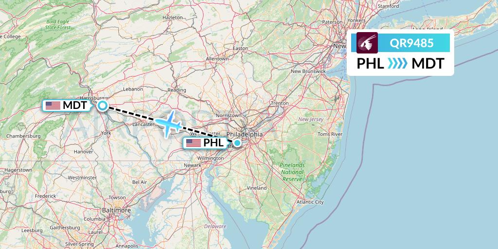 QR9485 Qatar Airways Flight Map: Philadelphia to Harrisburg