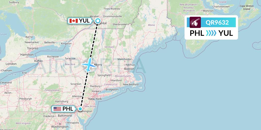 QR9632 Qatar Airways Flight Map: Philadelphia to Montreal