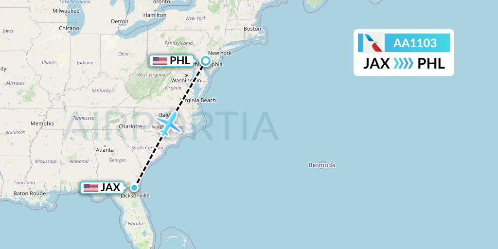 AA1103 American Airlines Flight Map: Jacksonville to Philadelphia