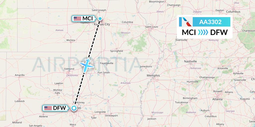 AA3302 American Airlines Flight Map: Kansas City to Dallas