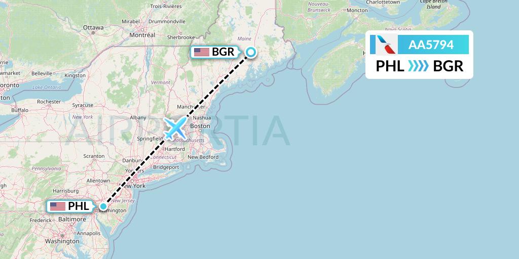AA5794 American Airlines Flight Map: Philadelphia to Bangor