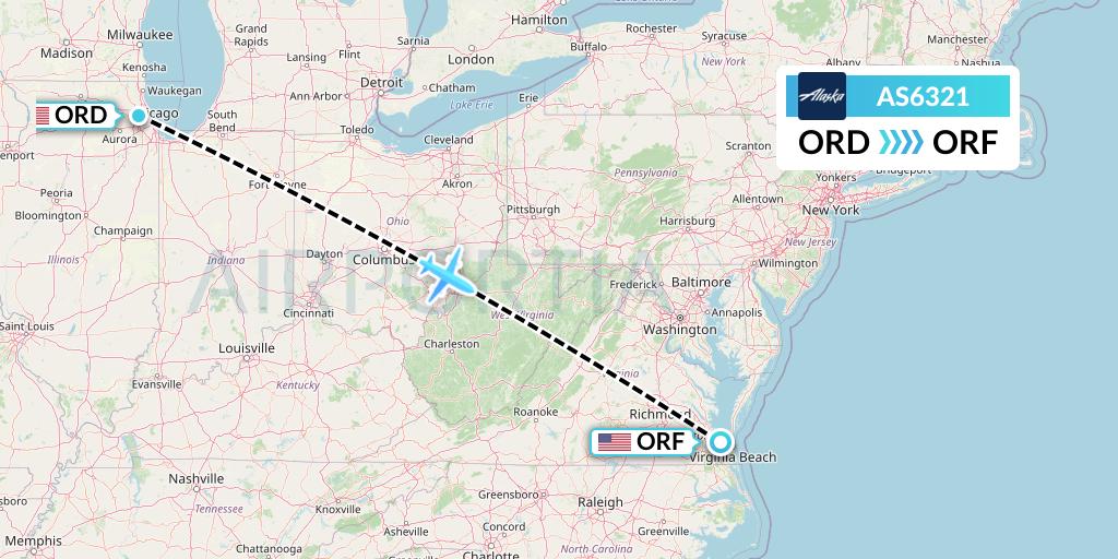 AS6321 Alaska Airlines Flight Map: Chicago to Norfolk